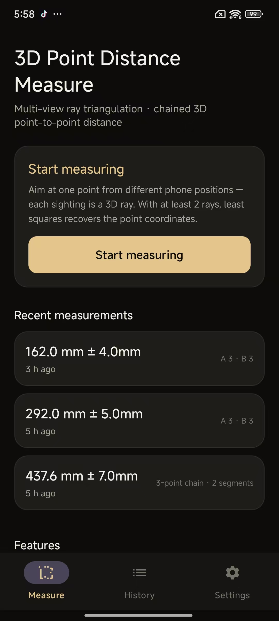 Home screen of 3D Point Distance Measure explaining ray triangulation, with recent measurements below