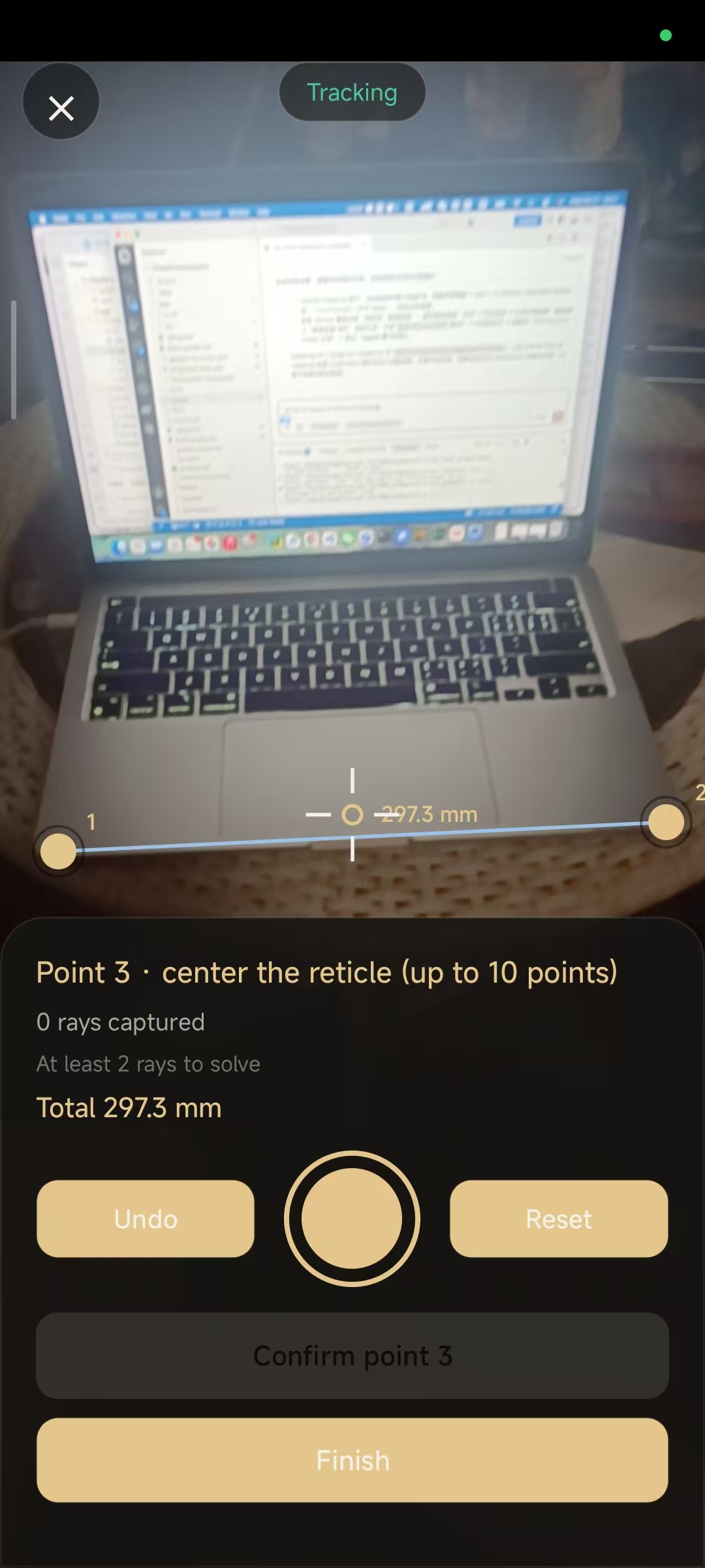 Chained measurement showing two confirmed points connected by a line labeled 297.3 mm while aiming point 3